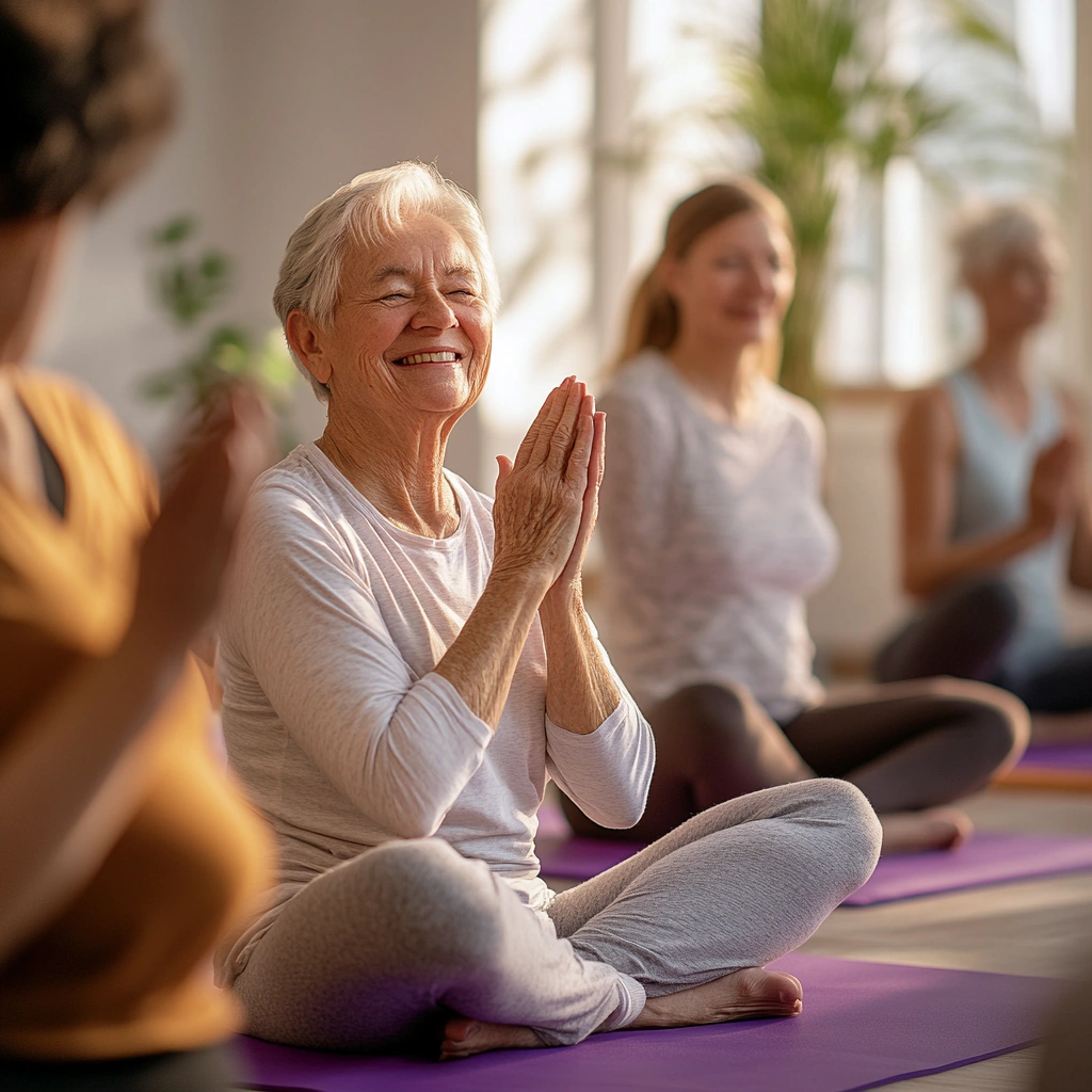Група пенсіонерів на заняттях йогою