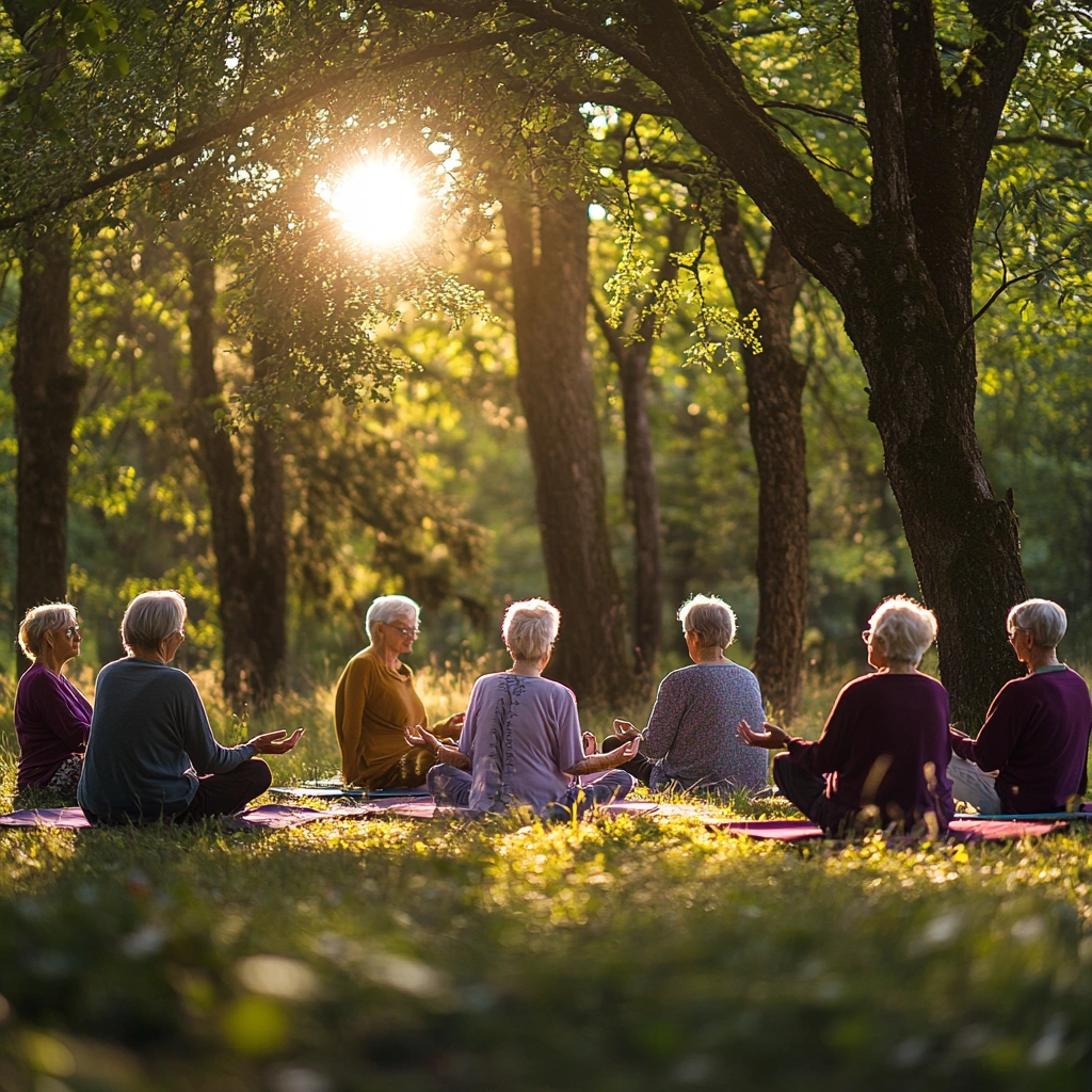 Група активних пенсіонерів медитує на природі